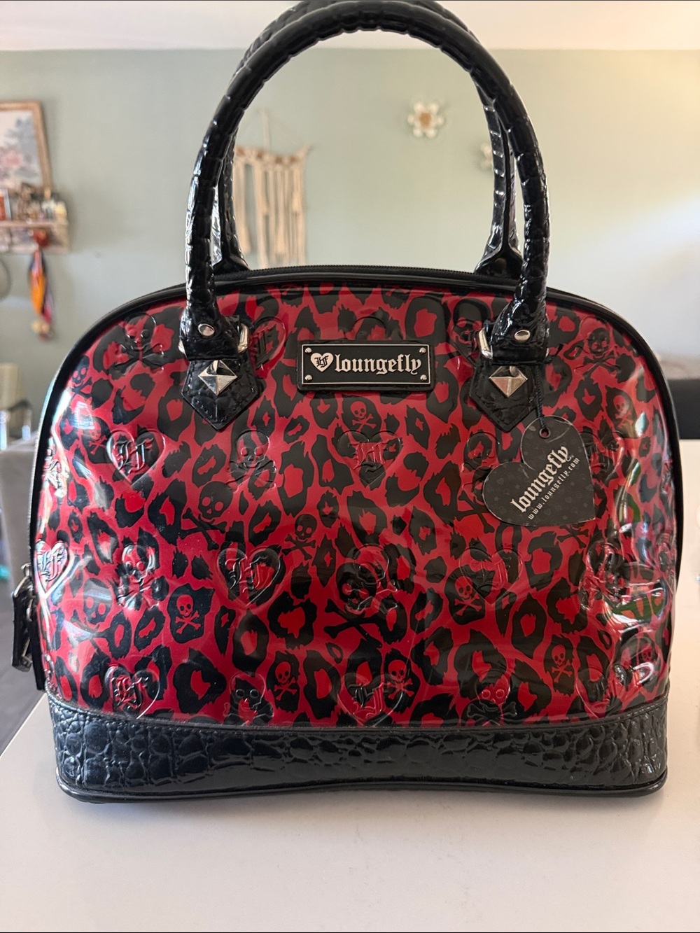 Loungefly Red and Black Leopard Skull Dome Satchel with Faux-Croc Trim